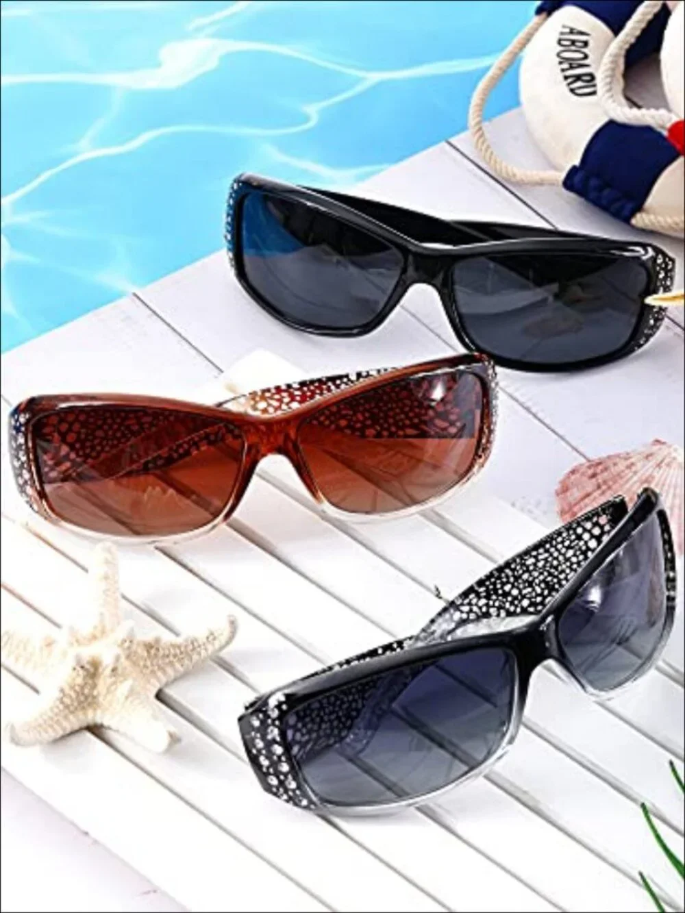 Rhinestone Wrap Around Sunglasses 3 Pairs Retro Oversized UV400 Bling